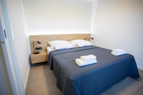 帕科坦Villa Favi的一间卧室配有蓝色的床和毛巾