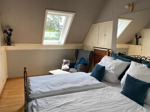 代斯特尔山麓巴德明德尔Gästehaus Villa Kreativ Susanne Lay的一间卧室设有两张床、一把椅子和一个窗户。