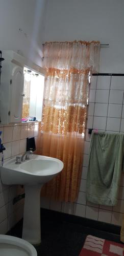 Leandro N. AlemBELLA CASA EN VILLA LIBERTAD的一间带水槽和淋浴帘的浴室