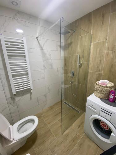 巴尼亚科维利亚查Apartman MI的一间带卫生间和玻璃淋浴间的浴室