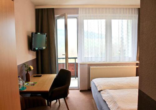 巴特埃尔斯特Hotel Carolaruh的酒店客房设有一张桌子、一张床和一个窗户。