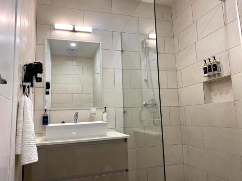 卢萨卡24 Roma的浴室配有盥洗盆和带镜子的淋浴