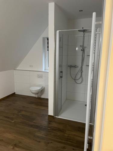 施内沃丁根Ferienwohnung Wintermoor的带淋浴和卫生间的浴室
