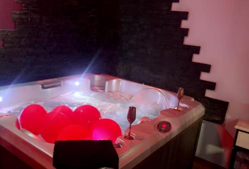 维特罗勒Douceur d’une nuit (studio avec jaccuzi privatif)的浴缸内有两个红色的心脏