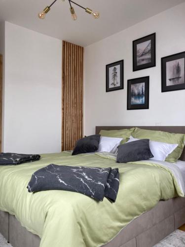霍茨科波霍尔耶Luxury Wide View Apartment Pohorje Bellevue的一间卧室配有一张大床和枕头