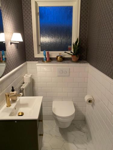 索伦蒂纳Stort hus i Stockholm的一间带卫生间、水槽和窗户的浴室
