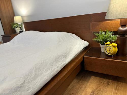波兹南普瑞兹莱库公寓的一张带白色毯子的床和床头柜上的钟