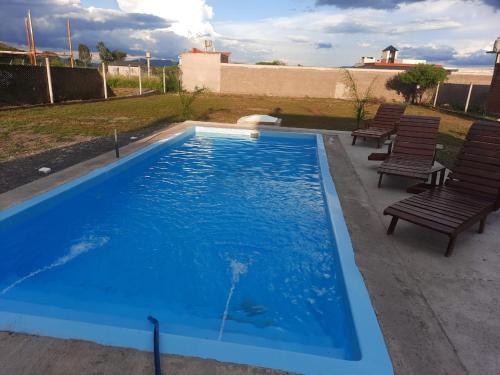 萨尔塔Casa de Campo en Salta的一个带长椅和椅子的大型蓝色游泳池