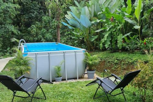 福尔图纳Villas Töcu - Casa Colibrí的两把椅子和一个位于庭院的热水浴池