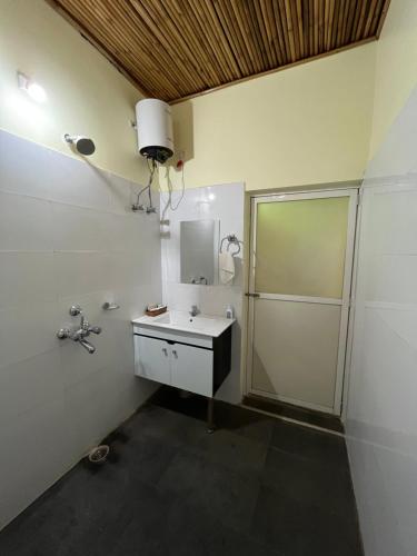 Jyoti GaonManas Jungle Retreat的带淋浴、盥洗盆和镜子的浴室