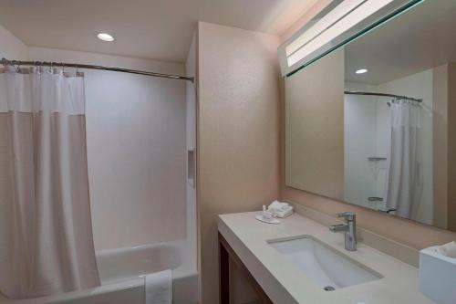 舒格兰休斯顿舒格兰/普安特湖万怡酒店的一间带水槽、淋浴和镜子的浴室