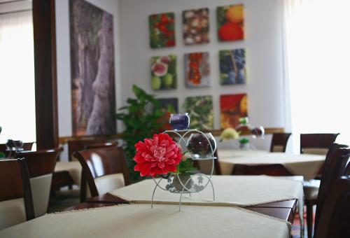 托雷苏达Hotel Villa Giovanna的一张桌子,上面有红花花