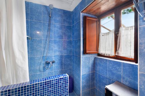 圣克鲁斯-德特内里费Casa Azul del Roque Negro的蓝色瓷砖浴室设有淋浴和窗户。