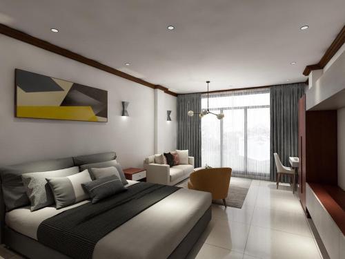 万象ARTIST GOLDEN LOFT Paris - Vientiane Homestay的一间带大床的卧室和一间客厅