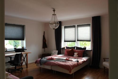 KöpingebroCosyPlace; close to beach, nature, train, grocery的卧室配有一张床、一张书桌和窗户。