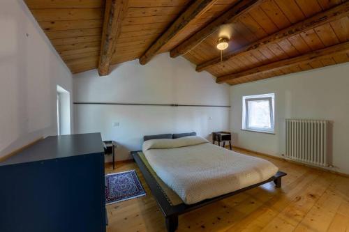AguglianoRelais Castel d'Emilio - Casa BLU的一间带一张床的卧室,位于带木制天花板的房间内