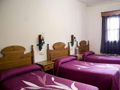 特雷韦莱斯APARTAMENTOS SIETE LAGUNAS的一间设有三张床和紫色床单的客房
