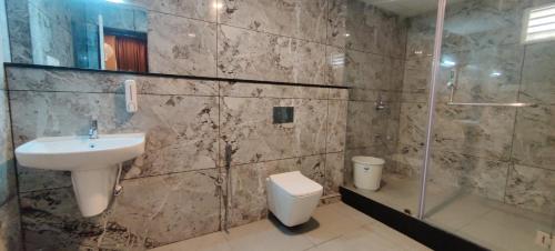 维拉杰佩特Sanjose Residency的一间带水槽、卫生间和淋浴的浴室
