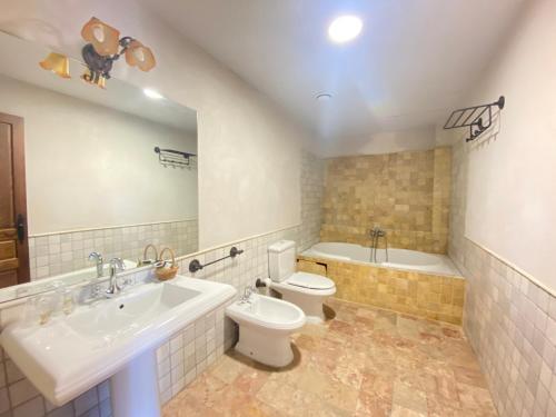 阿尔德亚达维拉德拉里韦拉Hotel Rural Centro de las Arribes的浴室配有盥洗盆、卫生间和浴缸。