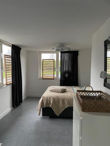 DirkslandGastenverblijf bij de Buuren的一间白色卧室,配有床和2个窗户