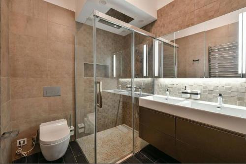 布拉格Luxury rooftop appartment with fantastic views的带淋浴、卫生间和盥洗盆的浴室