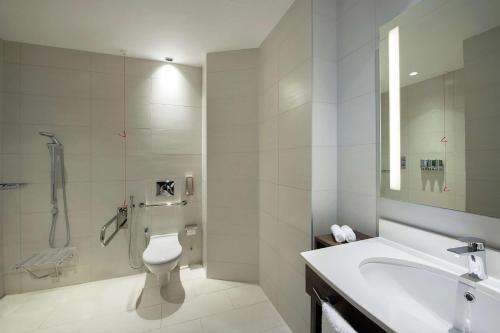 迪拜迪拜机场汉普顿酒店 的带淋浴、盥洗盆和卫生间的浴室