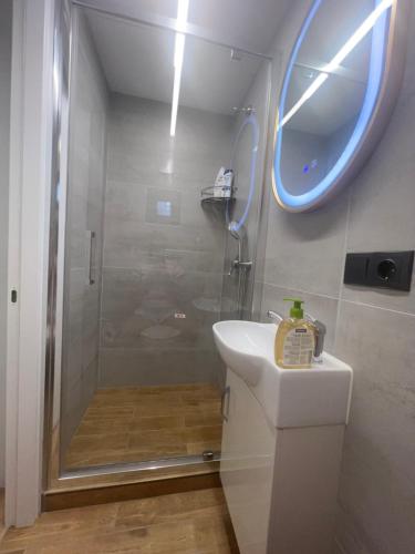 基希讷乌Monaco的带淋浴、盥洗盆和镜子的浴室