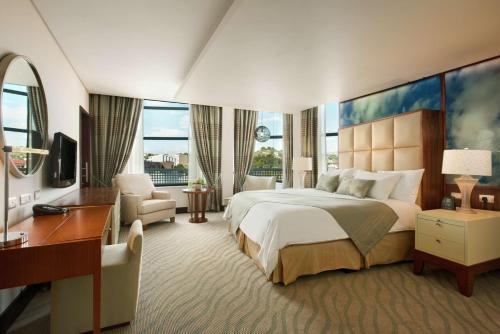 温特和克温特和克希尔顿酒店的酒店客房设有一张大床和一张书桌。