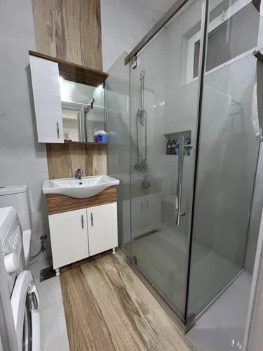 GjakoveCozy Corner Apartment的带淋浴和盥洗盆的浴室