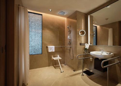 重庆重庆嘉发希尔顿逸林酒店的一间带水槽和淋浴的浴室
