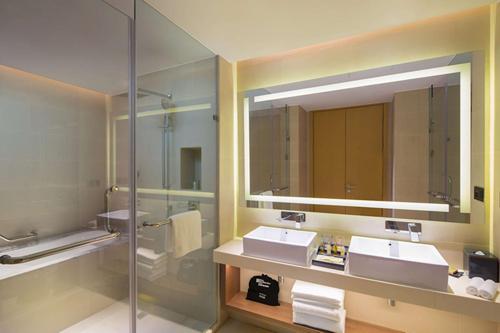 启东启东希尔顿花园酒店的一间带两个盥洗盆和大镜子的浴室