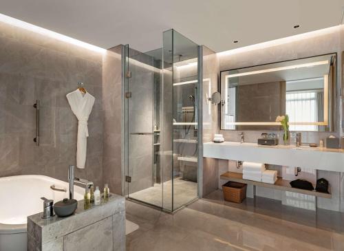 深圳深圳国际会展中心希尔顿花园酒店的带淋浴、浴缸和盥洗盆的浴室