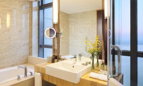 芜湖芜湖世茂希尔顿逸林酒店的一间带水槽、浴缸和镜子的浴室