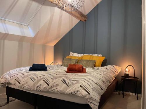 BraivesGîte 'Au bout du Tige'的一间卧室配有带色彩缤纷枕头的床。