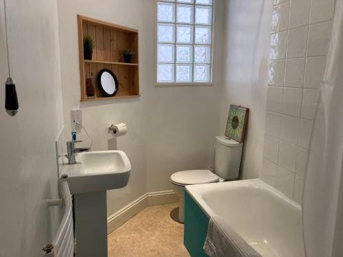 朴次茅斯The Vineyard (Home of the think pod)的一间带水槽和卫生间的浴室以及窗户。