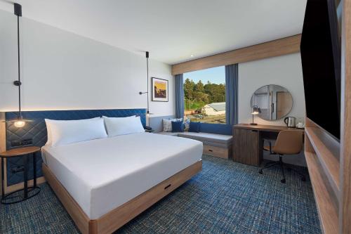 奥尔巴尼Hilton Garden Inn Albany, WA的酒店客房配有一张床、一张书桌和一张书桌。