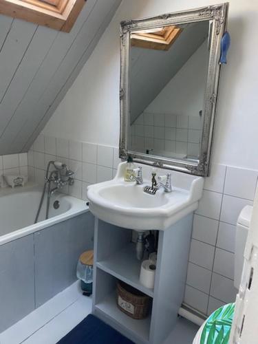 埃特勒塔La Petite Fanny的浴室配有盥洗盆、镜子和浴缸
