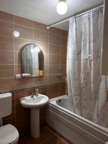 鲁马Apartman San的一间带水槽、浴缸和卫生间的浴室