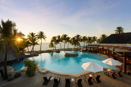 南迪希尔顿斐济酒店 - 索奈萨利岛的毗邻大海的大型游泳池,种植了棕榈树