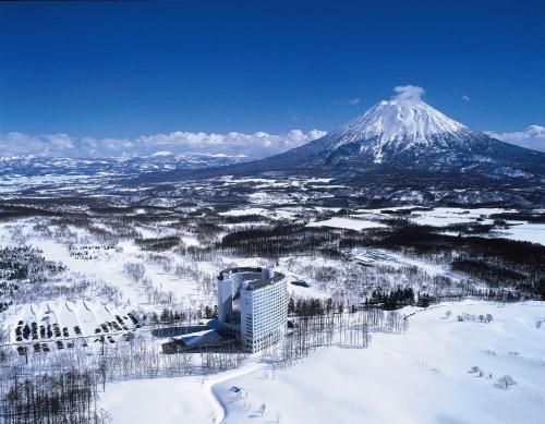 二世古北海道新雪谷希尔顿度假酒店的享有雪覆盖的山峰和城市的景色