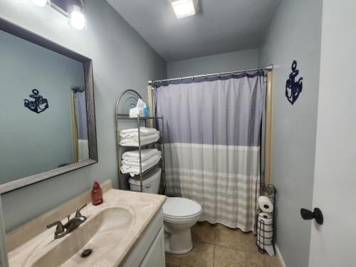 欧塞奇比奇Lakefront condo with a VIEW Osage Beach的一间带水槽、卫生间和镜子的浴室