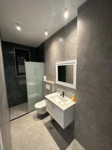 普里什蒂纳Pristina Select Apartments的浴室配有白色水槽和卫生间。