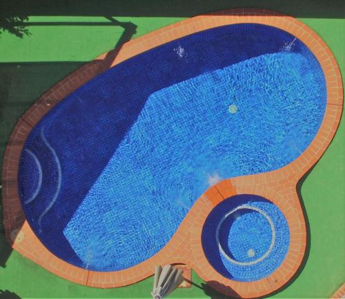 本迪戈金礁汽车旅馆的游泳池画画,游泳池有蓝色的厕所