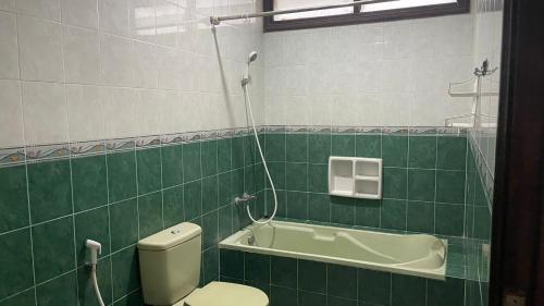 PanyaweuyanGreen Hill Resort Kemuning的绿色瓷砖浴室设有卫生间和浴缸