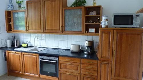 诺德豪森Apartment am Kunsthaus Nordhausen, 1 OG mit Balkon的厨房配有木制橱柜和黑色台面