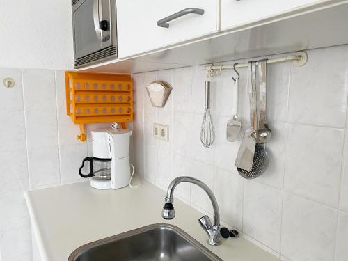 布雷斯肯斯Hello Zeeland - Vakantiehuis Stern 207的厨房柜台设有水槽和搅拌机