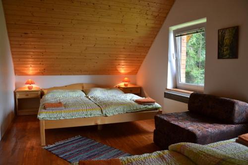 Spišské TomášovceChata Pohoda Slovenský Raj Čingov的一间卧室设有两张床、一把椅子和一个窗户。