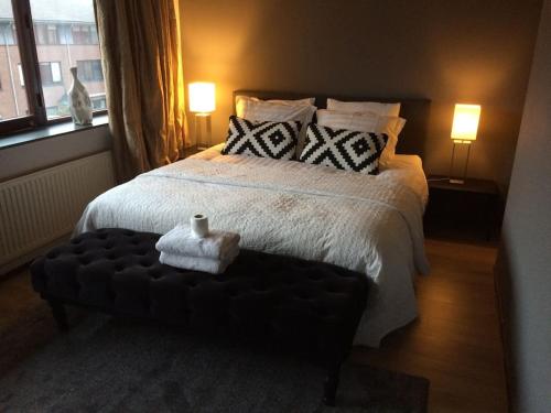 霍夫多普Near Amsterdam and airport, 90m2, privacy!的一间卧室配有一张大床和一张黑色的搁脚凳