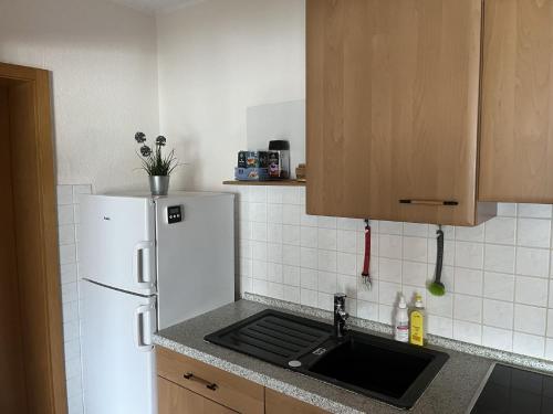 普莱滕贝格An der Glocke的厨房配有白色冰箱和水槽