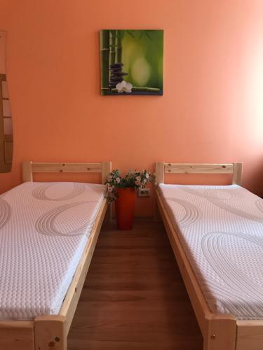 里加BalticApart Riga的橙色墙壁的客房内的两张床